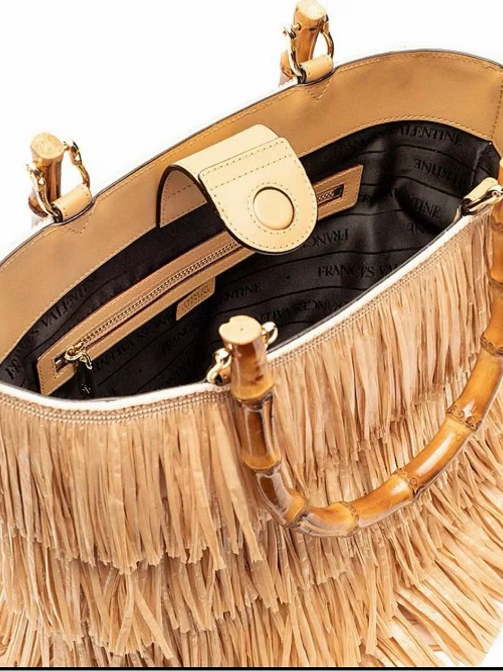Frances Valentine Hula Fringe Raffia Bamboo Handle Tote Bag